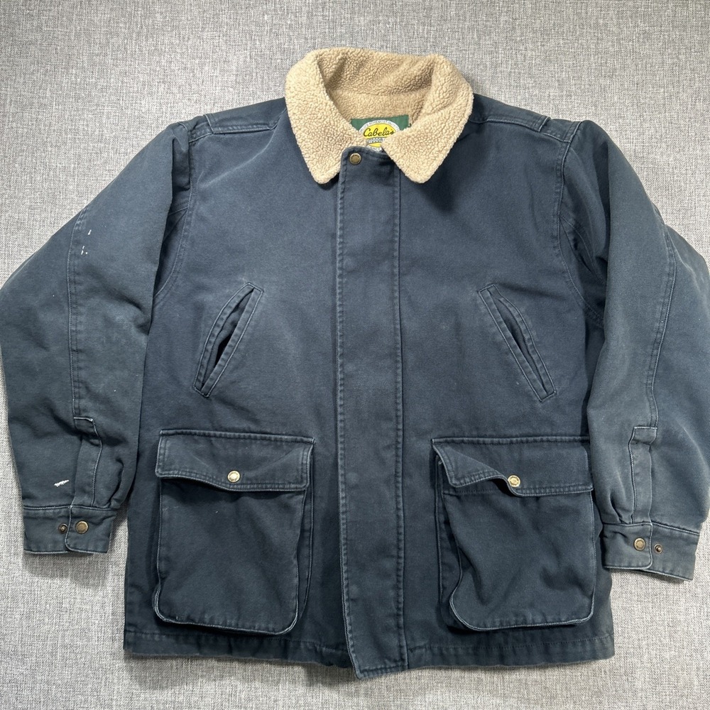 Vintage Cabelas Fleece Lined Canvas Jacket Field Chore Coat Size L Navy Sherpa
